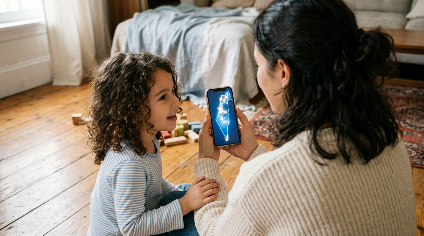 A mother and her curly-haired daughter sit on the floor looking at a phone that shows a glowing map of Israel