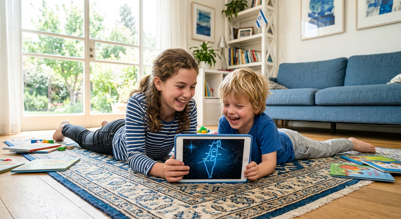 Two children lie on a rug laughing over a tablet that shows a glowing map of Israel